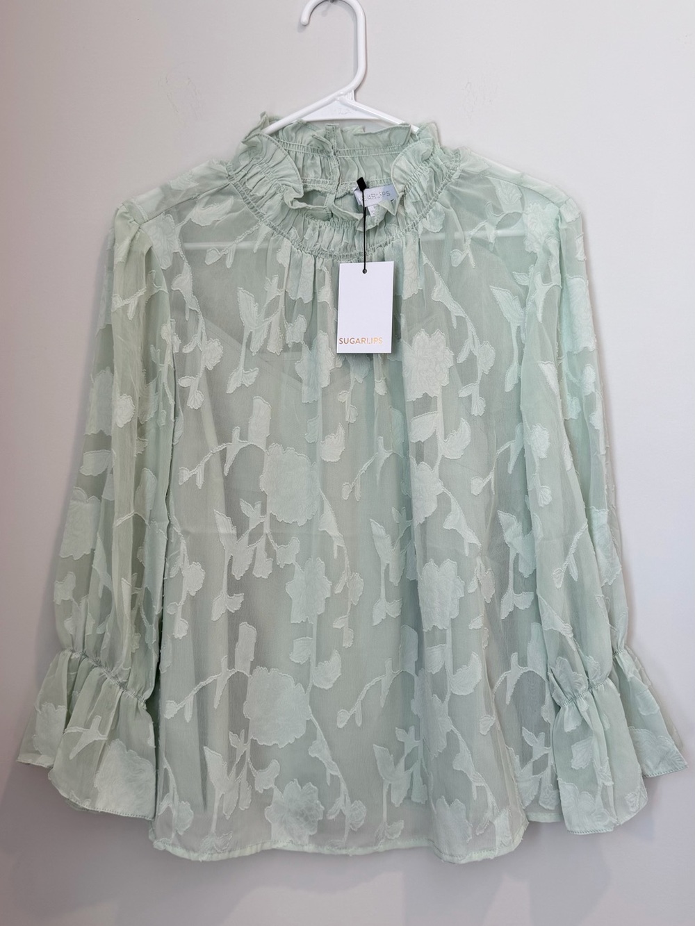 Sugarlips Mint Green Floral Sheer Ruffle Neck Blouse